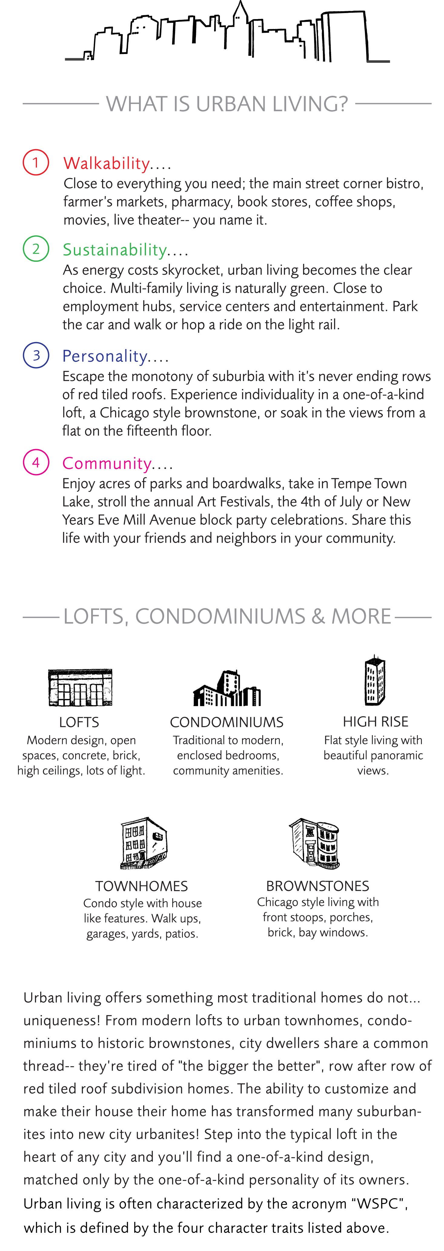 WHAT IS URBAN LIVING? 1 Walkability.... Close to everything you need; the main street corner bistro, farmer’s markets, pharmacy, book stores, coffee shops, movies, live theater-- you name it. 2 Sustainability.... As energy costs skyrocket, urban living becomes the clear choice. Multi-family living is naturally green. Close to employment hubs, service centers and entertainment. Park the car and walk or just hop a ride on the light rail. 3 Personality.... Escape the monotony of suburbia with it’s never ending rows of red tiled roofs. Experience individuality in a one-of-a-kind loft, a Chicago style brownstone, or soak in the views from a flat on the fifteenth floor. 4 Community.... Enjoy acres of parks and boardwalks, take in Tempe Town Lake, stroll the annual Art Festivals, the 4th of July or New Years Eve Mill Avenue block party celebrations. Share this life with your friends and neighbors in your community. LOFTS, CONDOMINIUMS & MORE LOFTS Modern design, open spaces, concrete, brick, high ceilings, lots of light. CONDOMINIUMS Traditional to modern, enclosed bedrooms, community amenities. HIGH RISE Flat style living with beautiful panoramic views. TOWNHOMES Condo style with house like features. Walk ups, garages, yards, patios. BROWNSTONES Chicago style living with front stoops, porches, brick, bay windows. Urban living offers something most traditional homes do not... uniqueness! From modern lofts to urban townhomes, condo- miniums to historic brownstones, city dwellers share a common thread-- they’re tired of the bigger the better row after row of red tiled roof subdivision homes. The ability to customize and make their house their home has transformed many suburban- ites into new city urbanites! Step into the typical loft in the heart of any city and you’ll find a one-of-a-kind design, matched only by the one-of-a-kind personality of its owners. Urban living may be characterized by the acronym WSPC, defined by the four character traits described above.